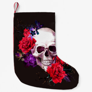 Skull with dark flowers branches and red roses sea small christmas stocking