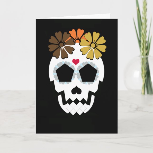 Skull With Fall Hued Flowers Card (Front)