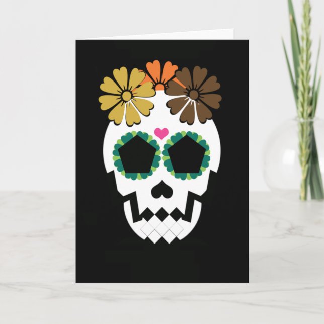 Skull With Fall Hued Flowers Card (Front)