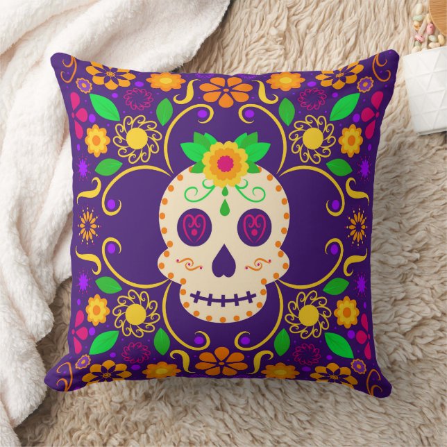 Skull with Flowers Día de los Muertos Throw Pillow (Blanket)