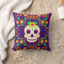 Skull with Flowers Día de los Muertos Throw Pillow