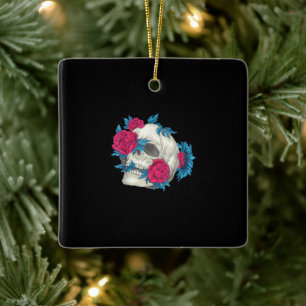 Skull With Flowers In Leather Tattoo Comic Gifft Ceramic Ornament