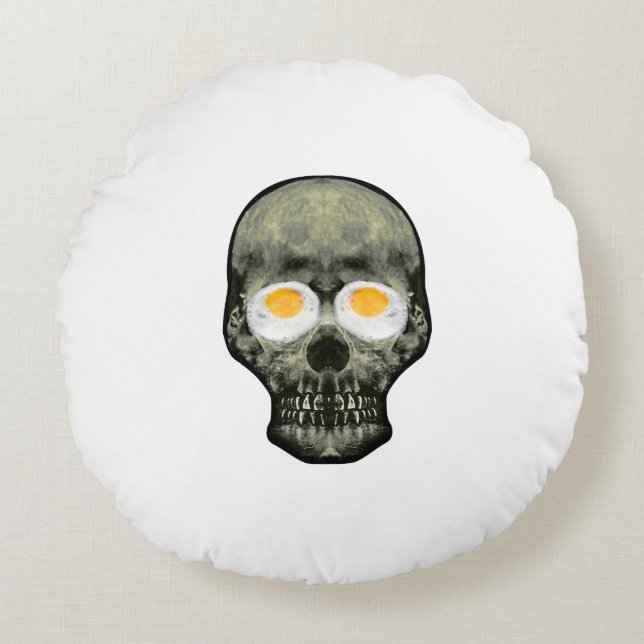 Skull with Fried Egg Eyes Round Cushion (Front)
