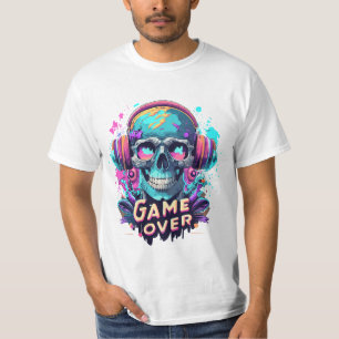 Skull With Gamer Headphones Cartoon Style Design T-Shirt