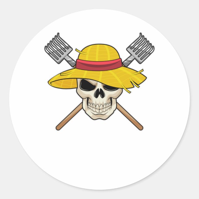 Skull with Hat as Farmer with Rake Classic Round Sticker (Front)