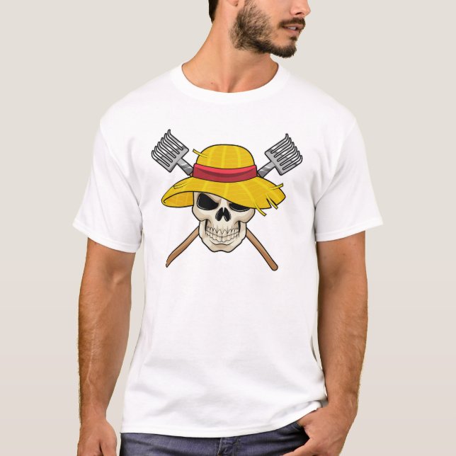 Skull with Hat as Farmer with Rake T-Shirt (Front)