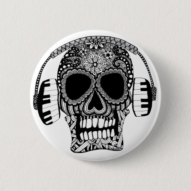 Skull with Headphones Black and White Music 6 Cm Round Badge (Front)