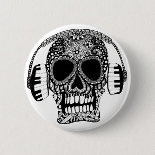 Skull with Headphones Black and White Music 6 Cm Round Badge