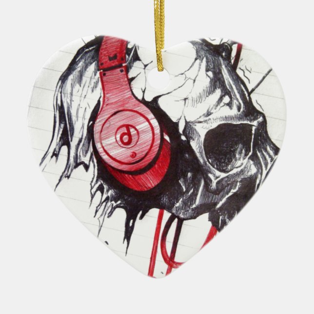 Skull with Headphones Design Ceramic Tree Decoration (Front)