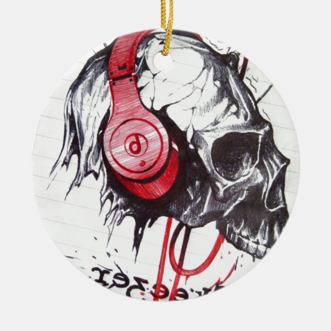 Skull with Headphones Design Ceramic Tree Decoration (Front)