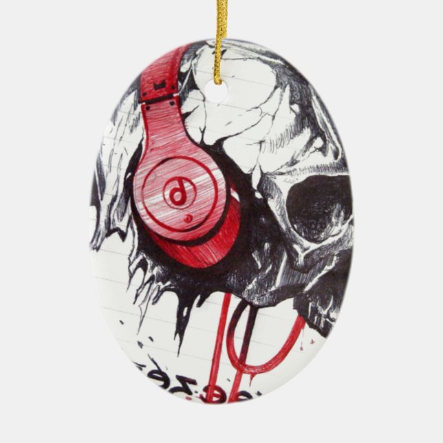 Skull with Headphones Design Ceramic Tree Decoration (Front)