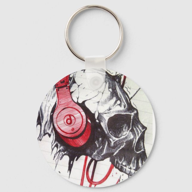 Skull with Headphones Design Key Ring (Front)