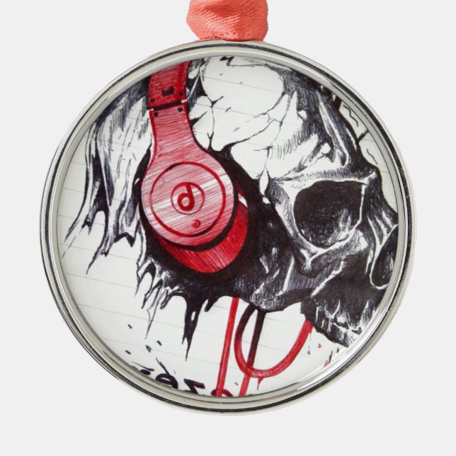 Skull with Headphones Design Metal Tree Decoration (Front)
