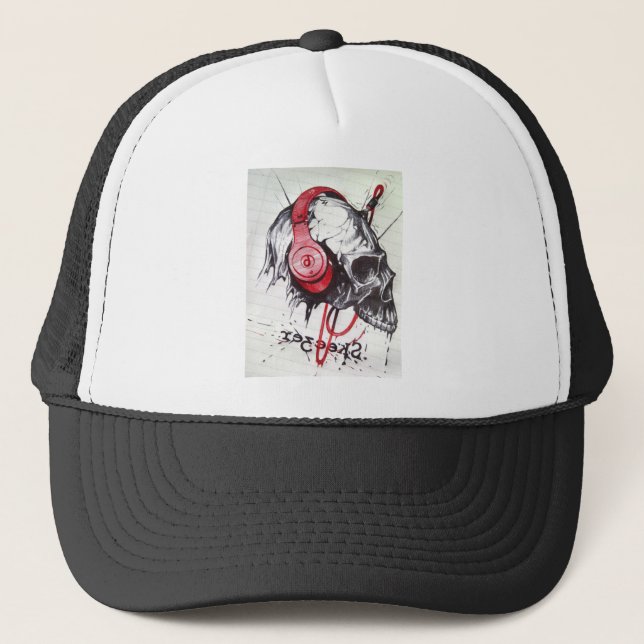 Skull with Headphones Design Trucker Hat (Front)