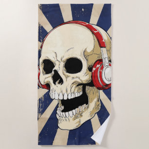 Skull with Headphones Retro Music Art Beach Towel