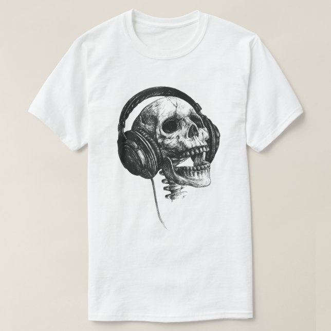 Skull With Headphones Rock Music Art Shirt (Design Front)