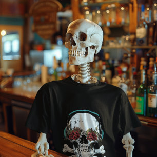 Skull with Headphones &Roses Graphic Halloween T-Shirt