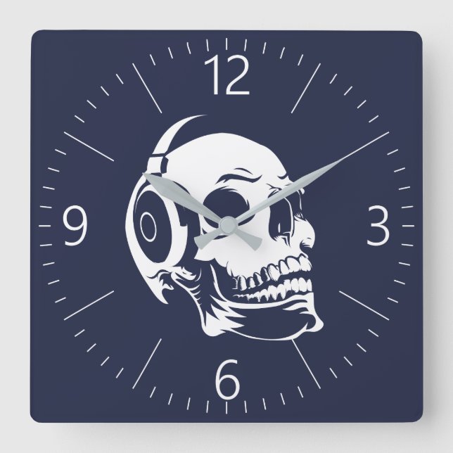 Skull with headphones square wall clock (Front)