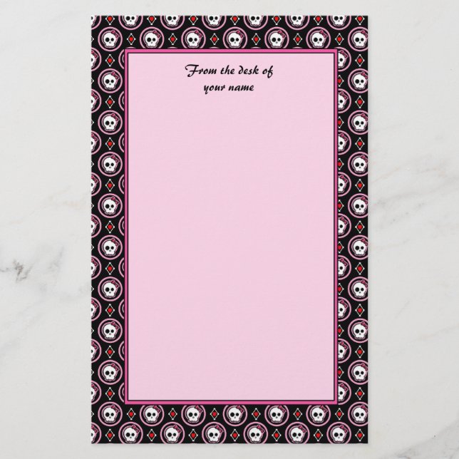 Skull with heart and bow design stationery (Front)