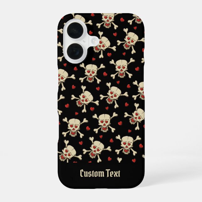 Skull with Hearts Pattern iPhone 16 Case (Back)