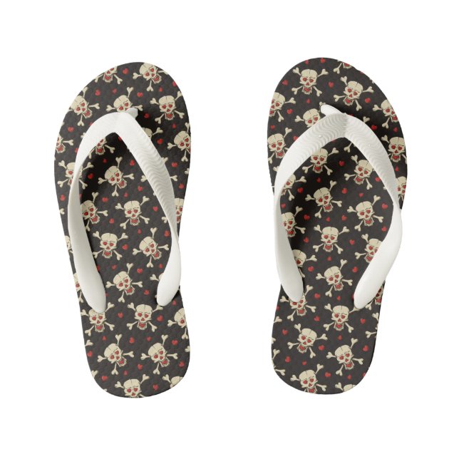 Skull with Hearts Pattern Kid's Flip Flops (Footbed)