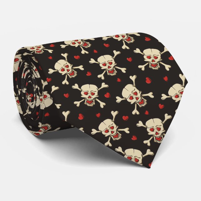 Skull with Hearts Pattern Tie (Rolled)