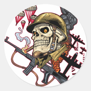 Skull with Helmet, Aeroplanes and Bombs Classic Round Sticker
