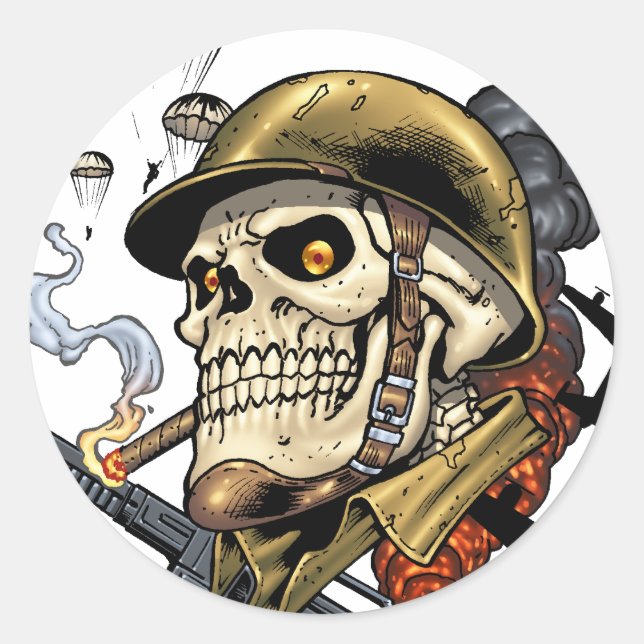Skull with Helmet, Aeroplanes and Bombs Classic Round Sticker (Front)