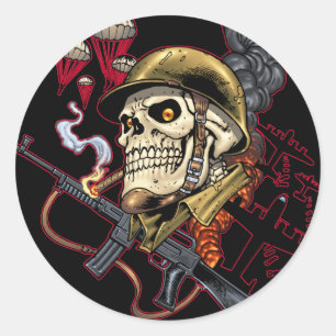 Skull with Helmet, Aeroplanes and Bombs Classic Round Sticker