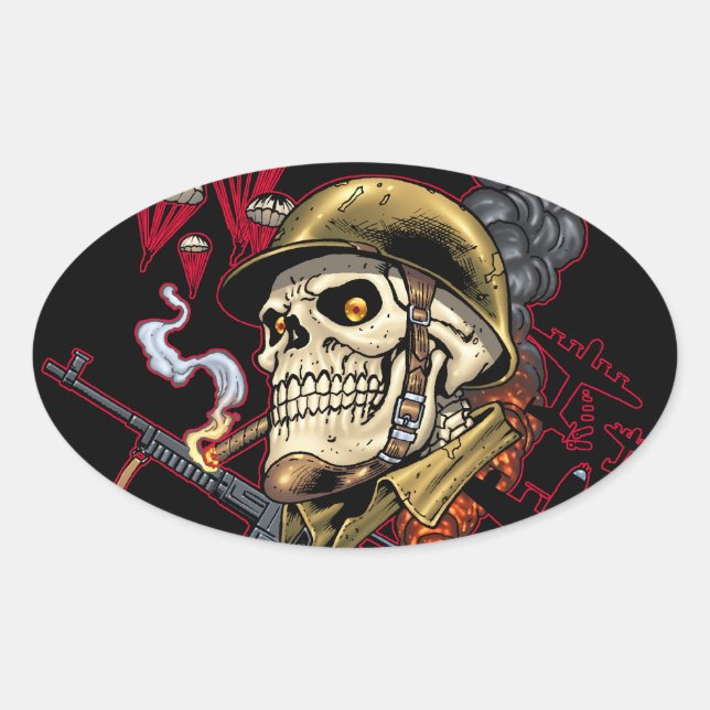 Skull with Helmet, Aeroplanes and Bombs Oval Sticker (Front)