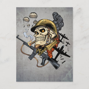 Skull with Helmet, Aeroplanes and Bombs Postcard
