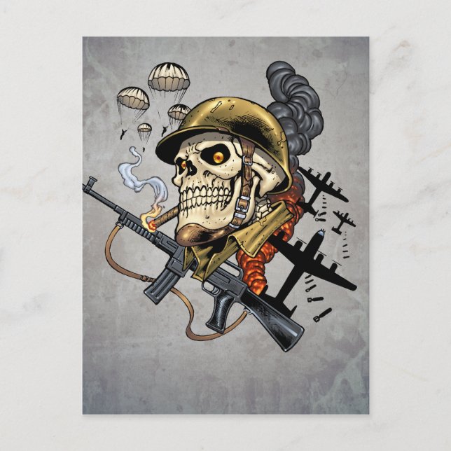 Skull with Helmet, Aeroplanes and Bombs Postcard (Front)