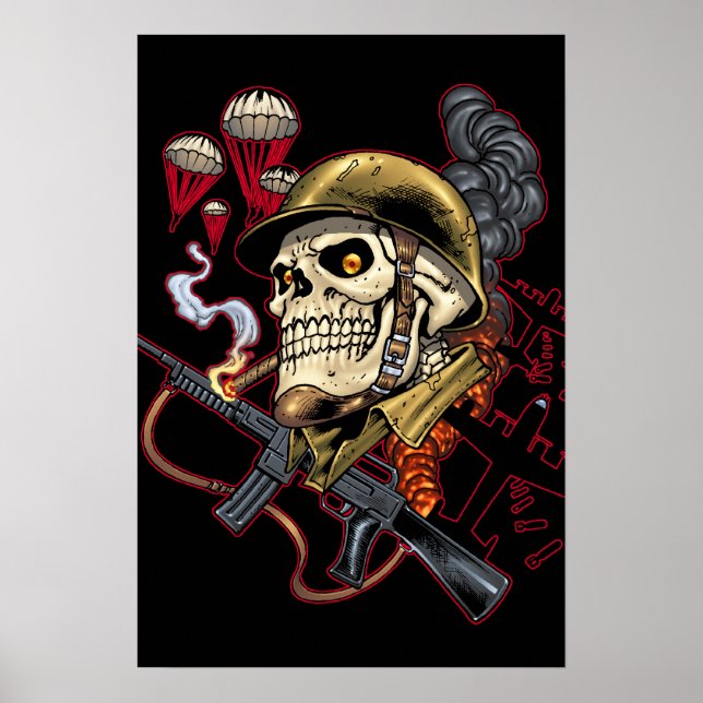 Skull with Helmet, Aeroplanes and Bombs Poster (Front)