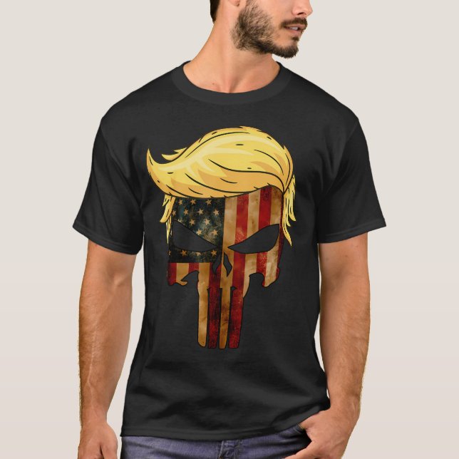 Skull With Iconic Trump Hair President Flag T-Shirt (Front)