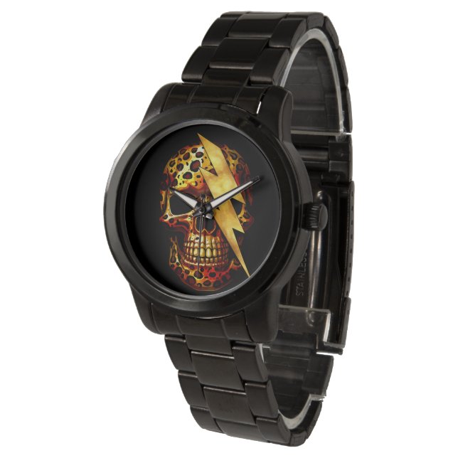 Skull with Leopard Print & Gold Spark Watch (Angled)