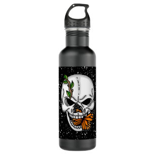 Skull with Monarch Butterflies Black Background  710 Ml Water Bottle