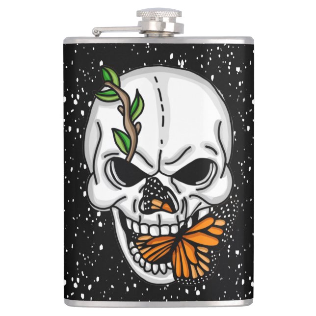 Skull with Monarch Butterflies Black Background  Hip Flask (Front)