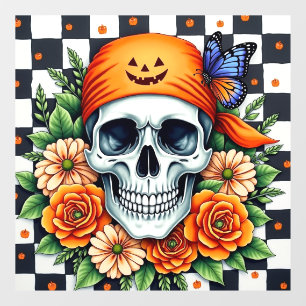 Skull With Orange Bandanna And Roses With Checkers Window Cling
