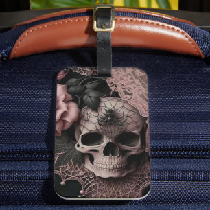 Skull with Pink Lace and Soft Pink Flower Luggage Tag