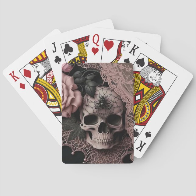 Skull with Pink Lace and Soft Pink Flower Playing Cards (Back)
