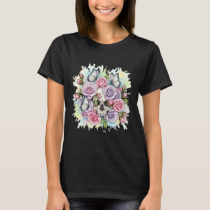 Skull with Pink Roses and Butterflies T-Shirt