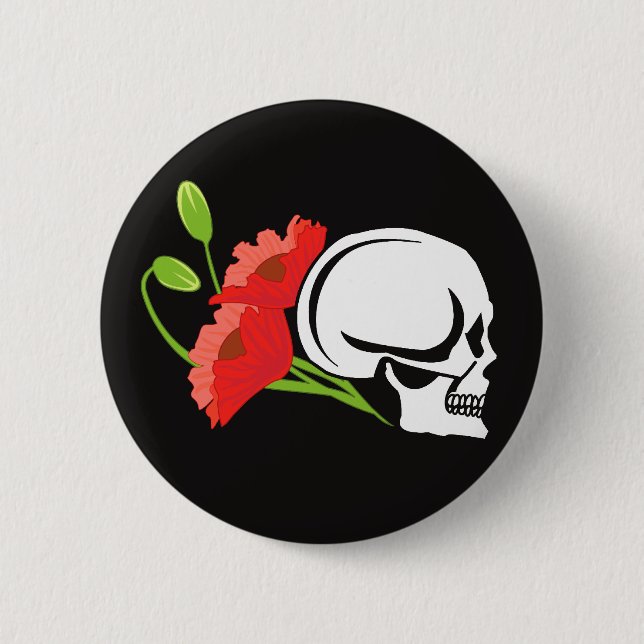 Skull with poppies 6 cm round badge (Front)