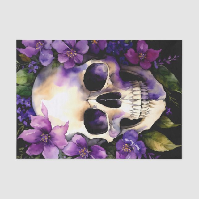 Skull With Purple Flowers Goth Tissue Paper (Front)
