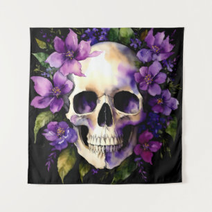 Skull With Purple Flowers Goth Watercolor Art Tapestry
