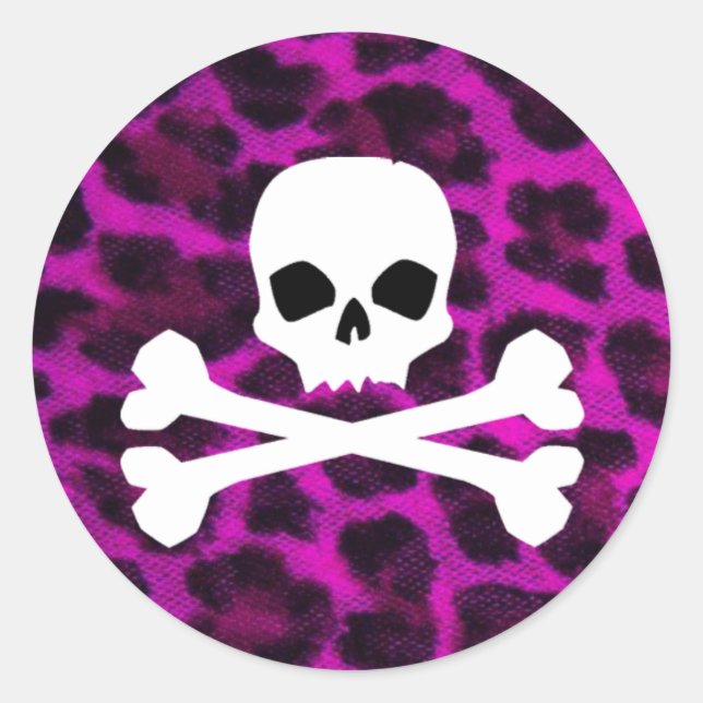 Skull with Purple Leopard Print Classic Round Sticker (Front)