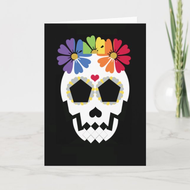 Skull With Rainbow Flowers Card (Front)