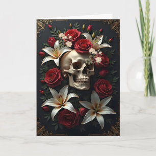 Skull with Red and White Flowers Birthday Card