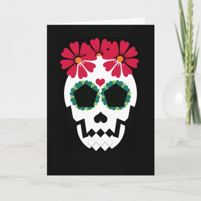 Skull With Red Flowers Greeting Card (Front)