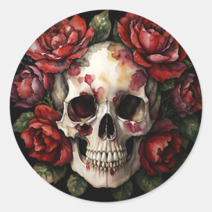 Skull With Red Roses Art Classic Round Sticker