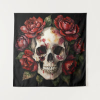 Skull With Red Roses On Black